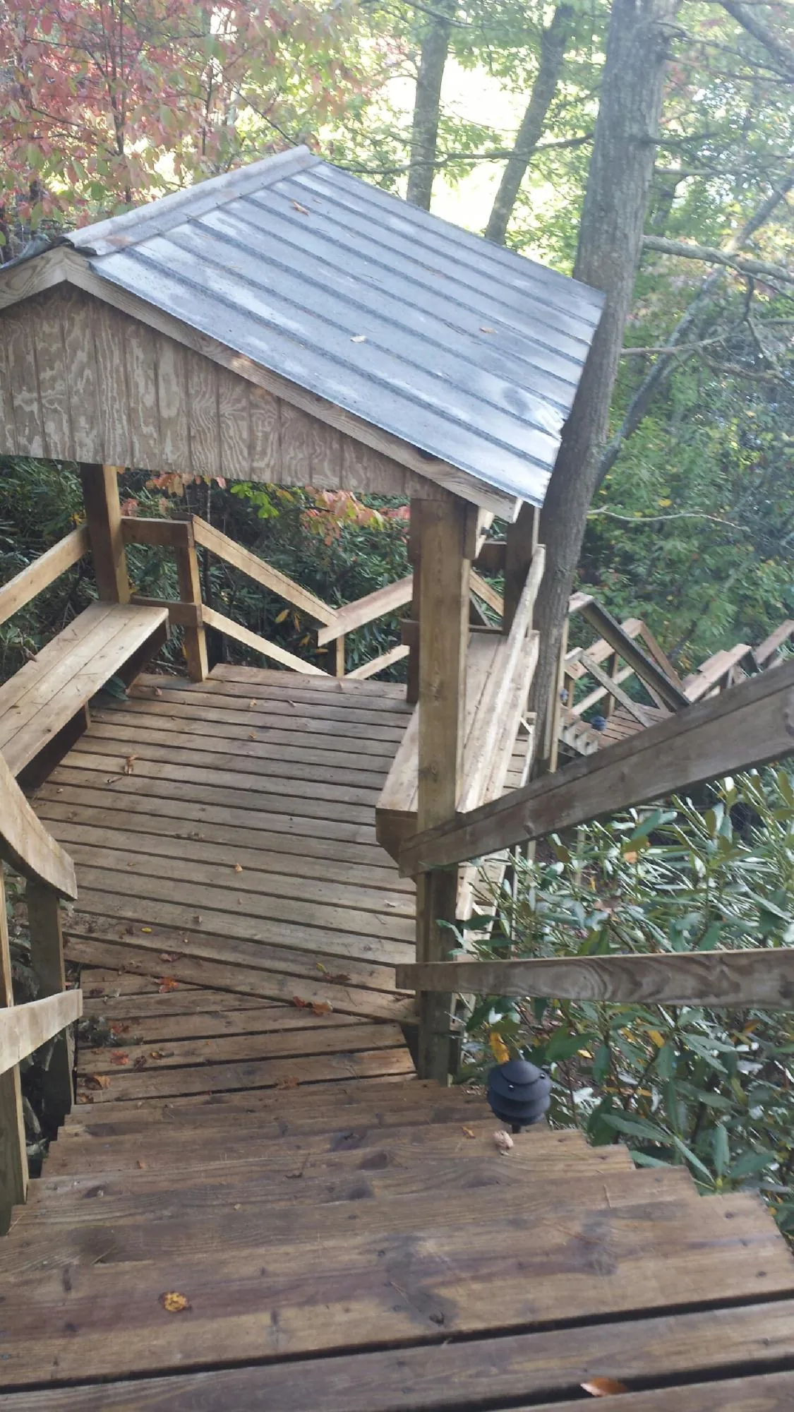 Metal roofed shelter over wooden steps on a wooded walkway — Skylight Repair & Installation work by our crew in Catoosa